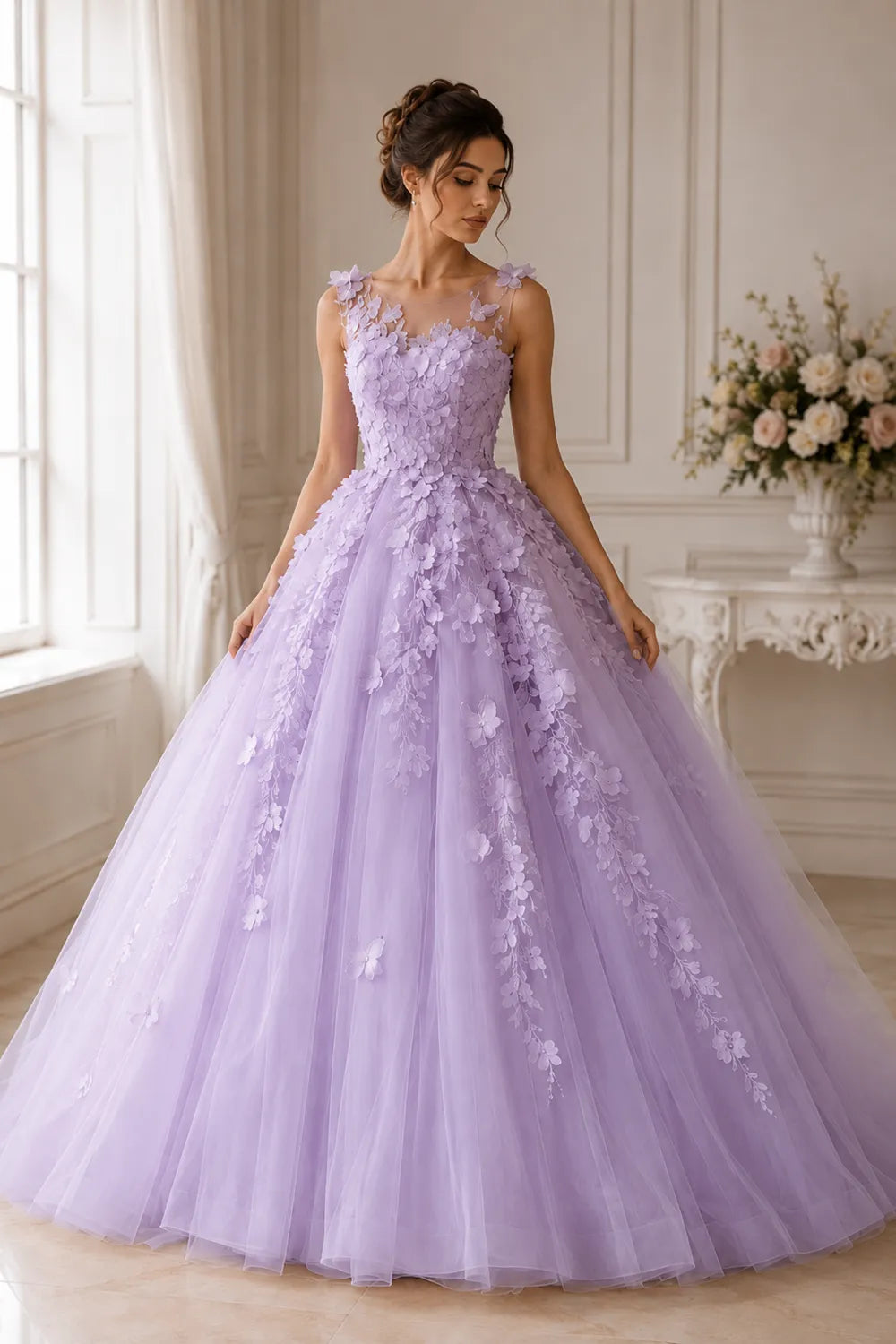 Romantic Flower Applique Evening Gown