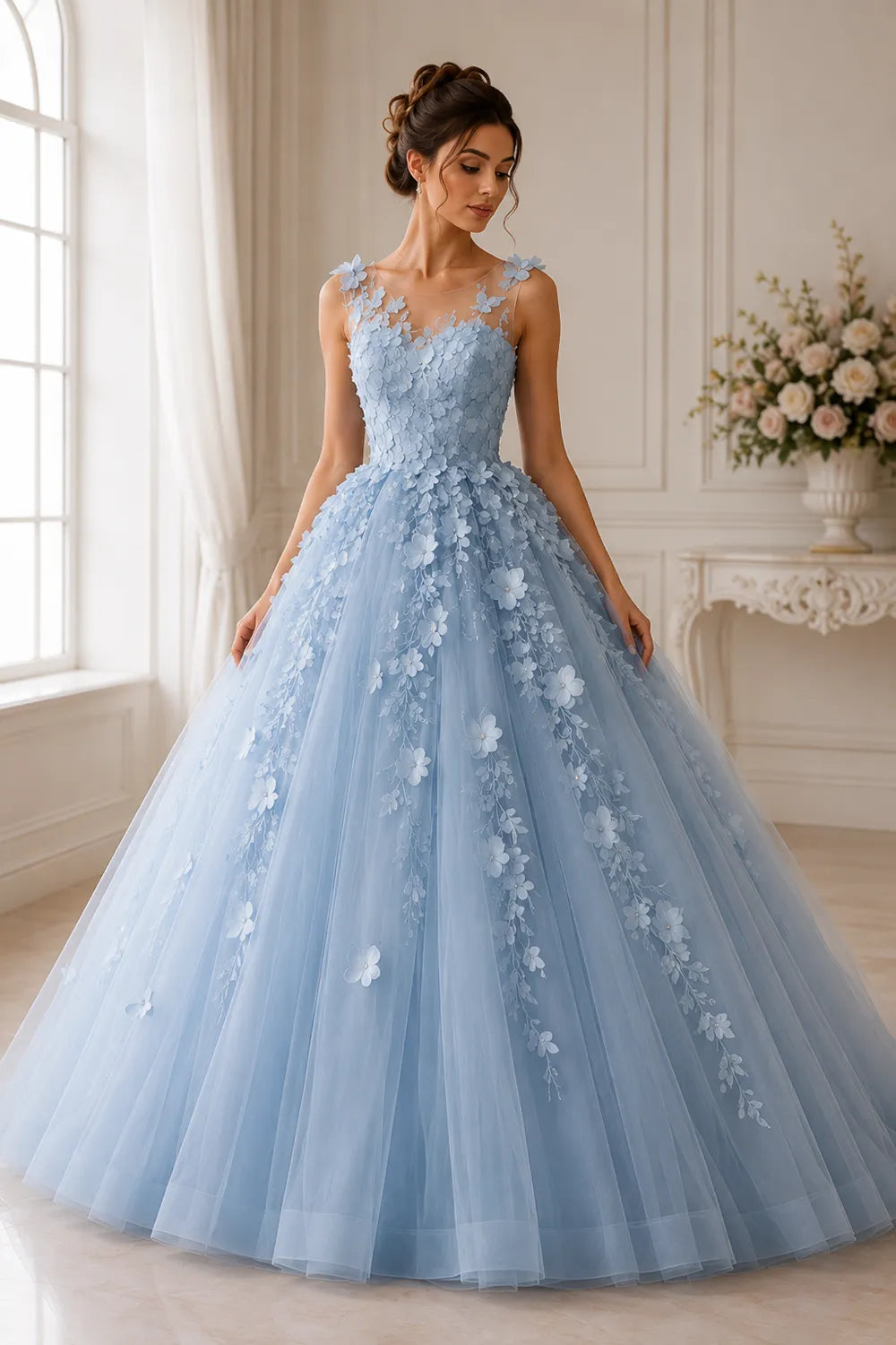 Romantic Flower Applique Evening Gown