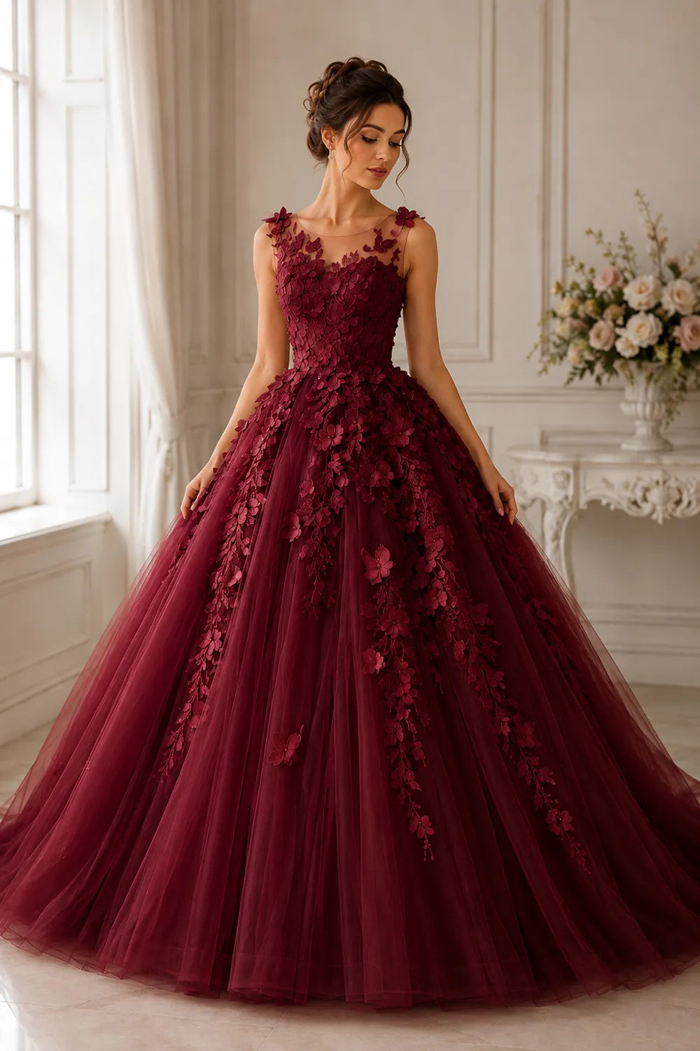 Romantic Flower Applique Evening Gown