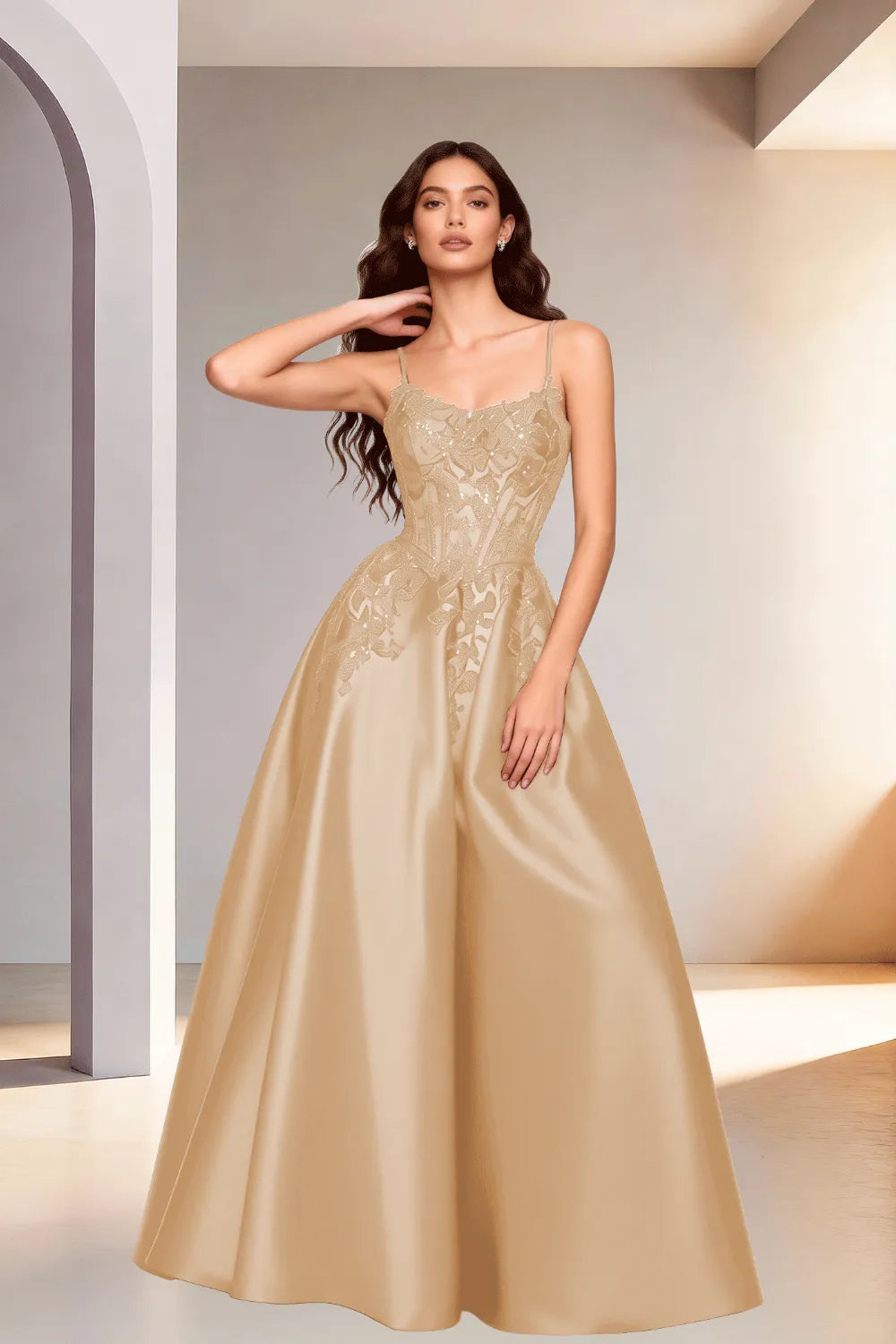 Celestia Lace Bodice A-Line Evening Gown