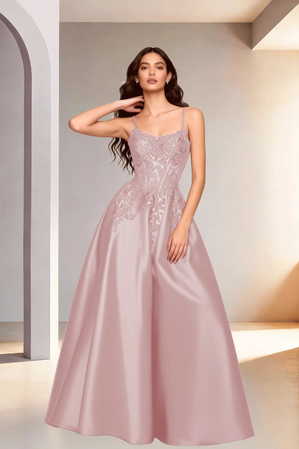 Celestia Lace Bodice A-Line Evening Gown
