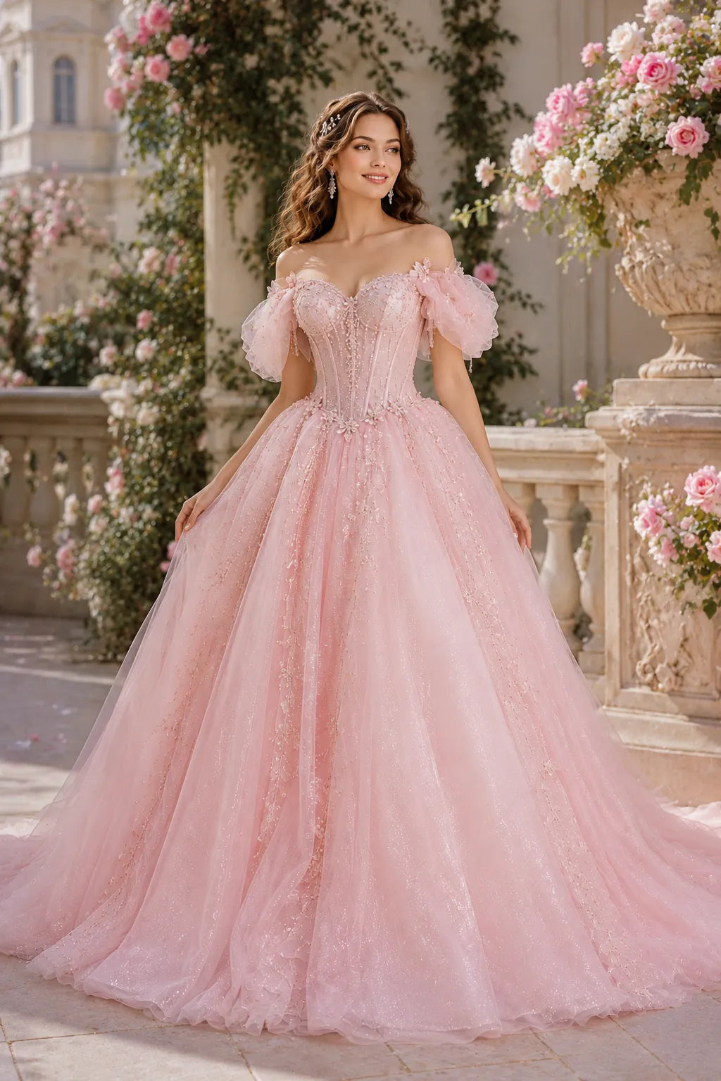 Fairytale Corset Tulle Ball Gown with Floral Details