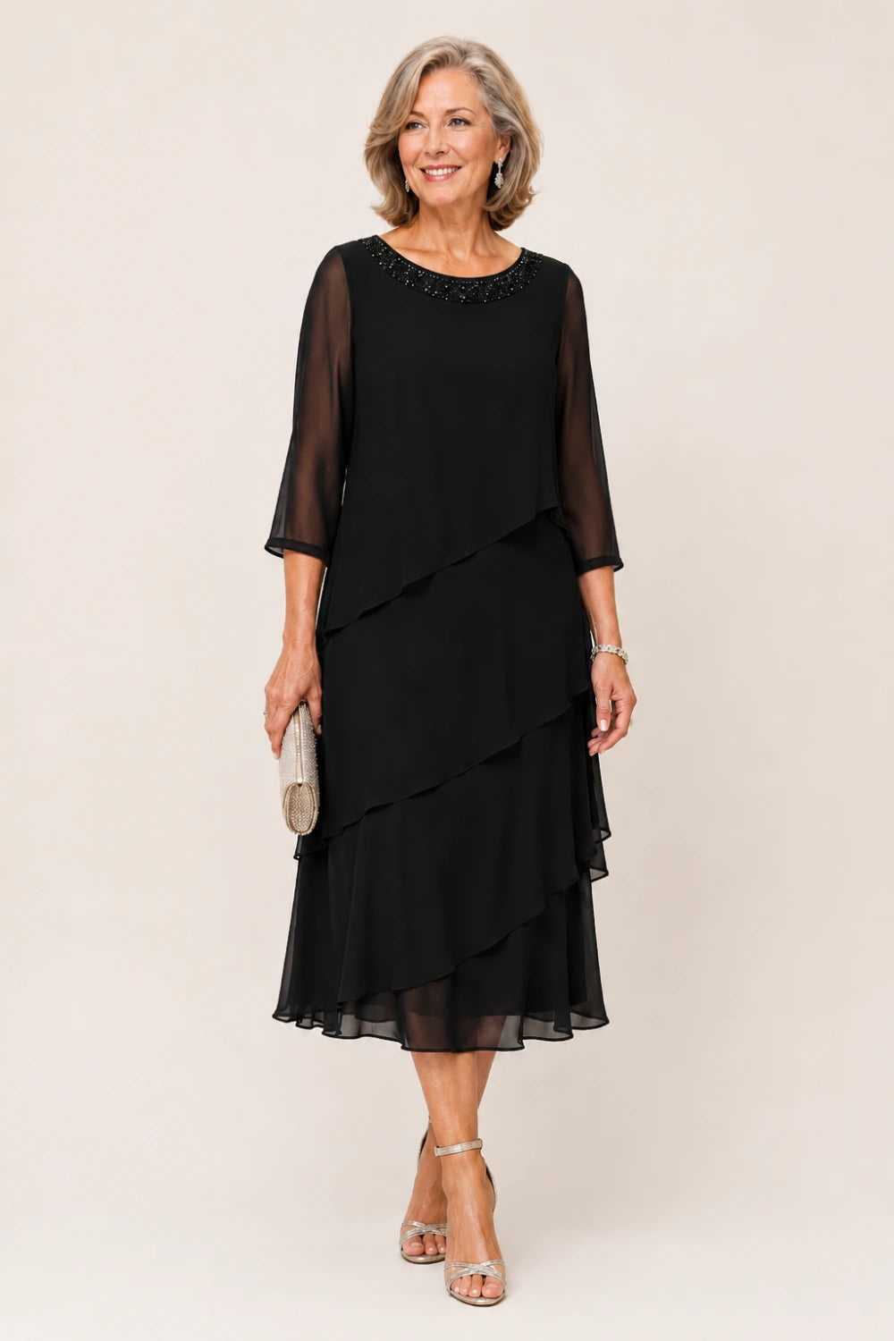 Tiered Chiffon Midi Formal Dress with Sheer Sleeves