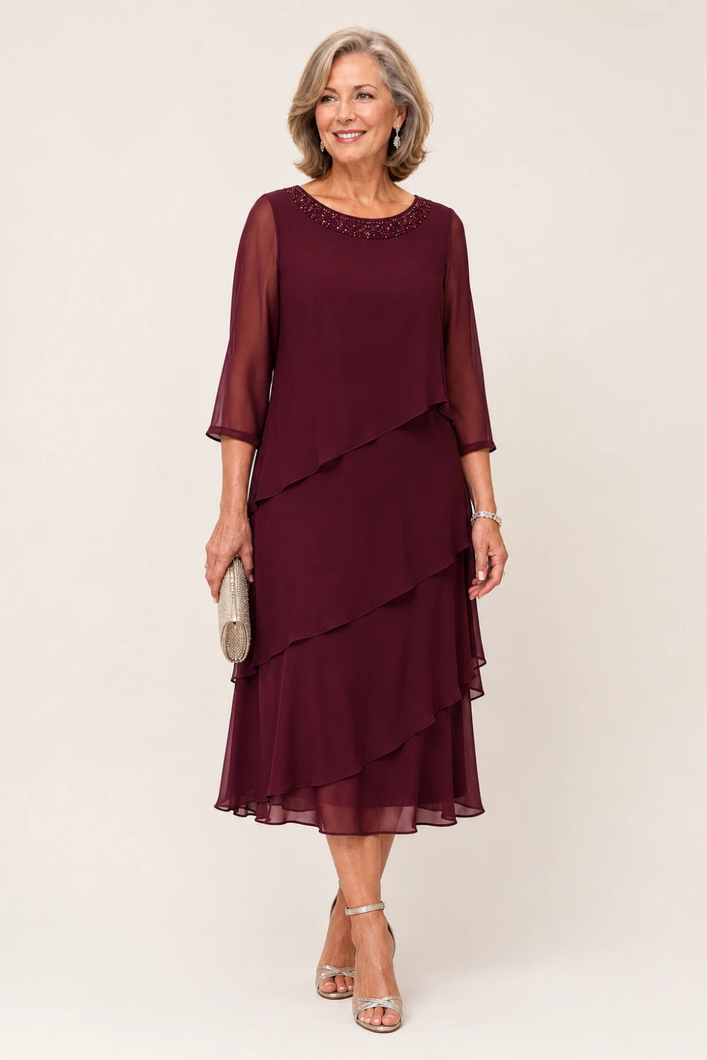 Tiered Chiffon Midi Formal Dress with Sheer Sleeves