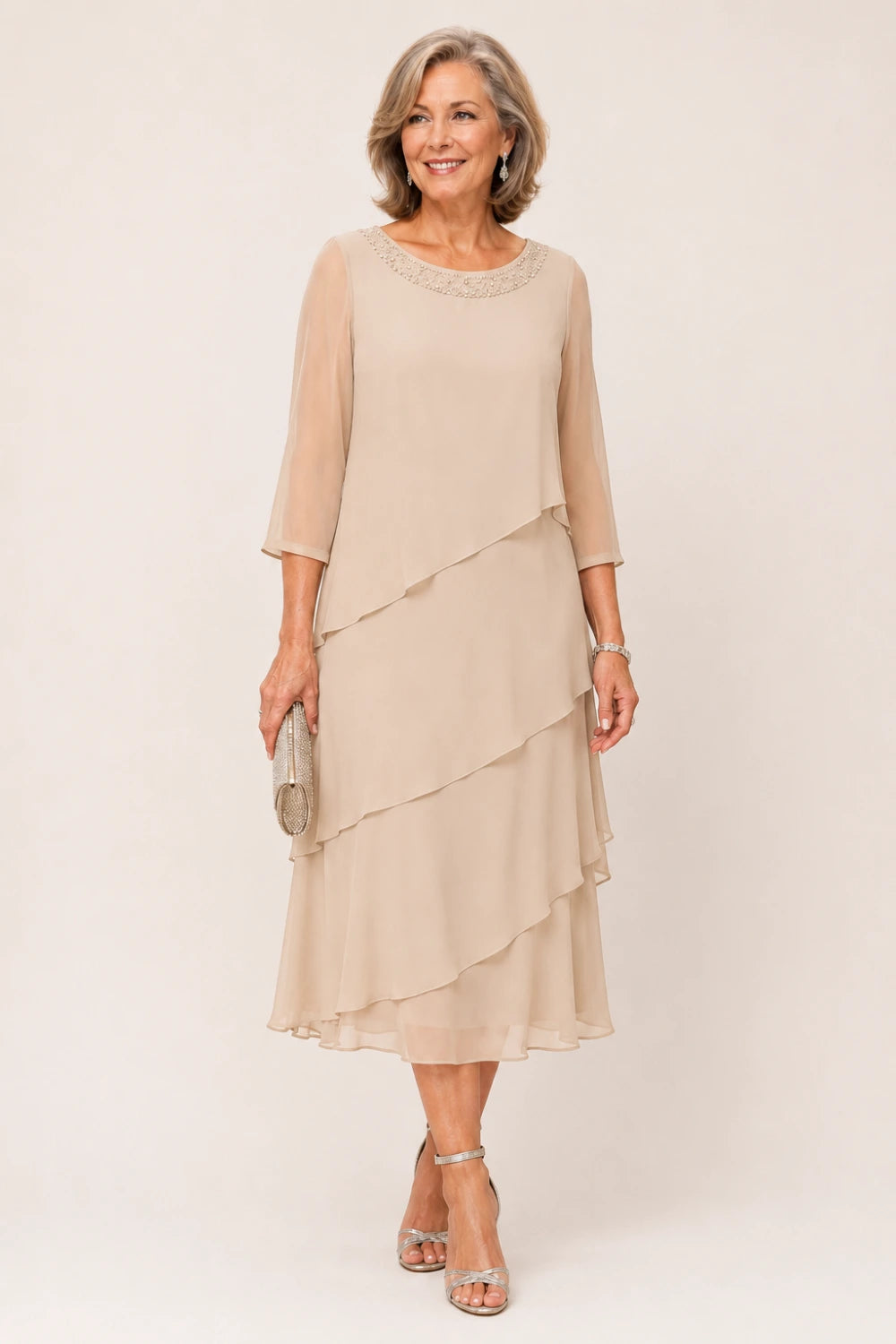 Tiered Chiffon Midi Formal Dress with Sheer Sleeves