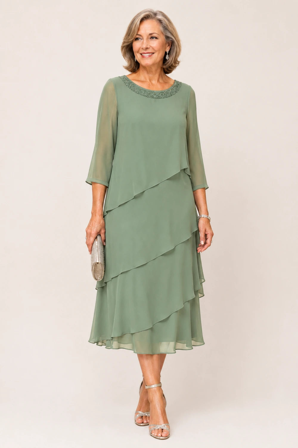 Tiered Chiffon Midi Formal Dress with Sheer Sleeves