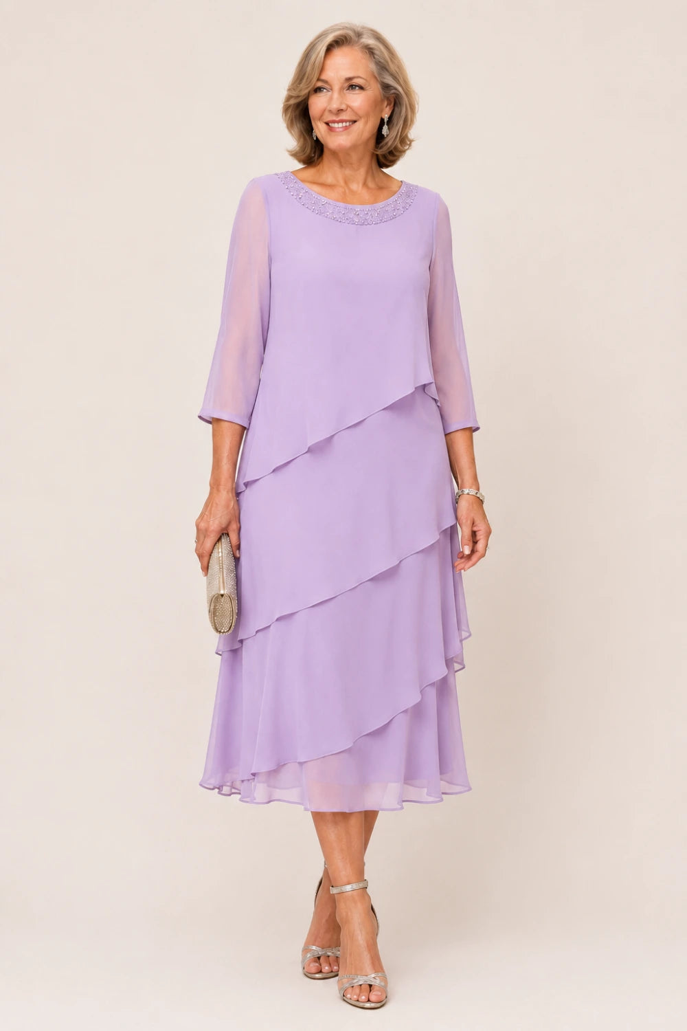Tiered Chiffon Midi Formal Dress with Sheer Sleeves