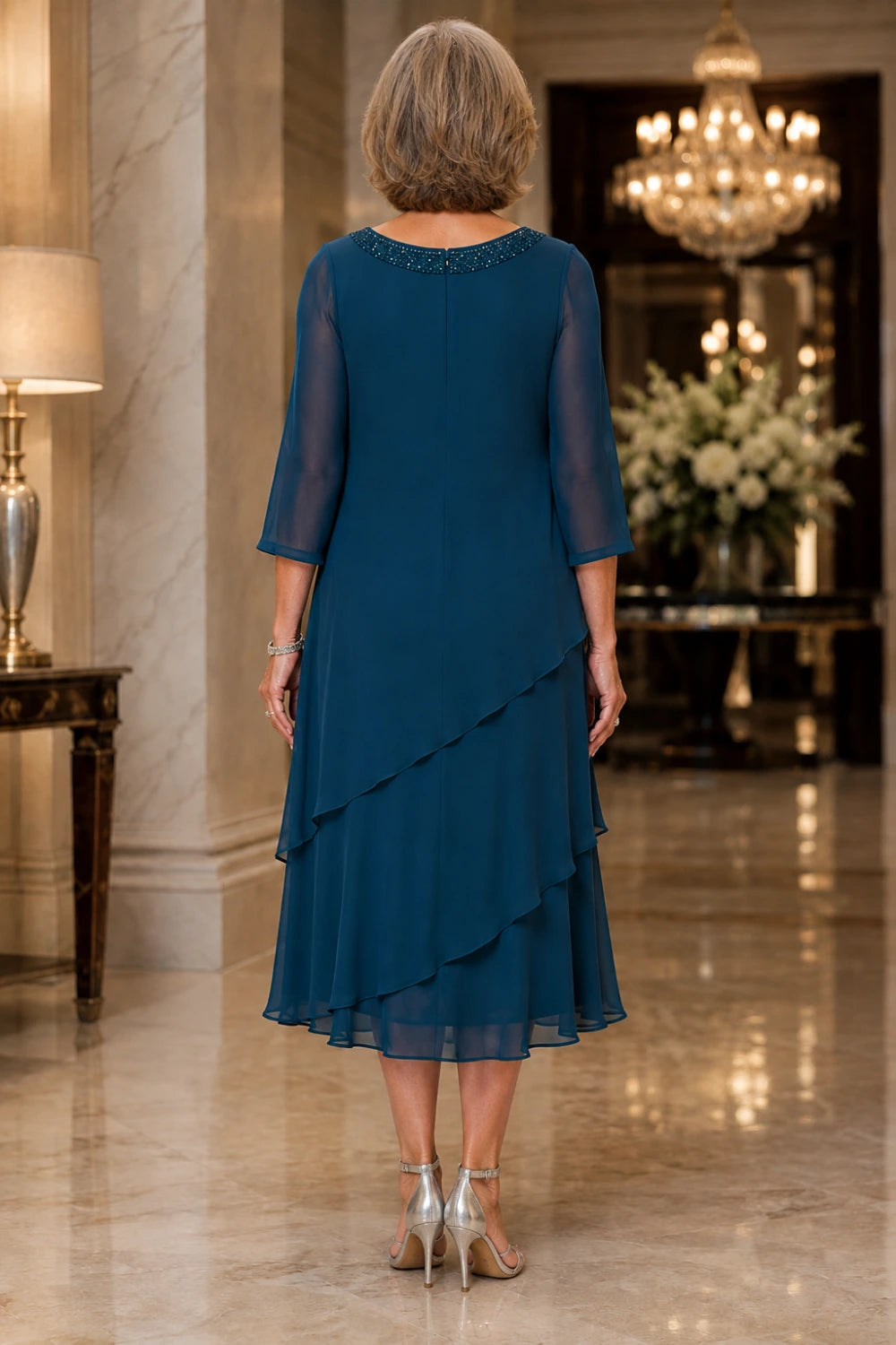 Tiered Chiffon Midi Formal Dress with Sheer Sleeves