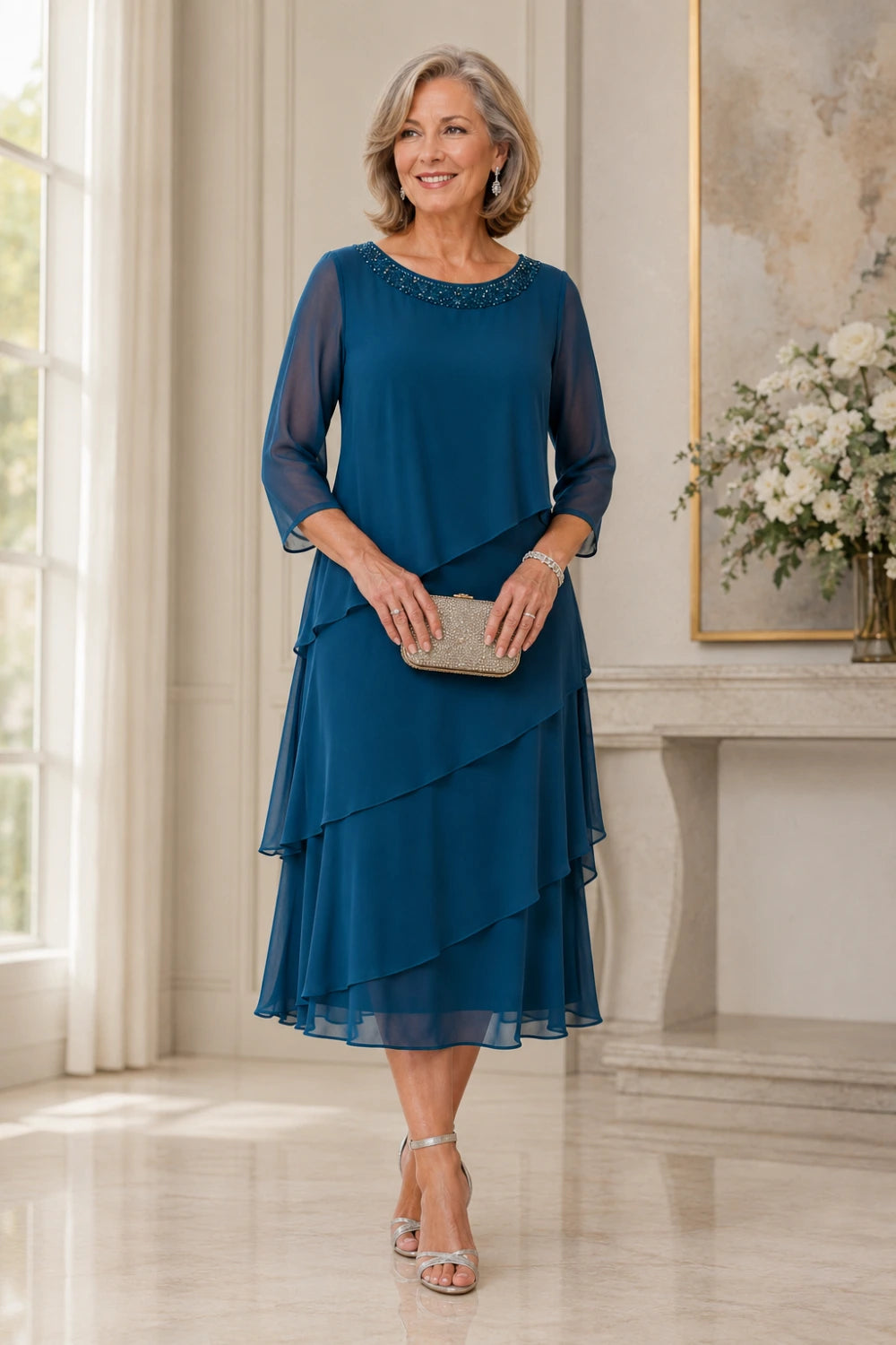Tiered Chiffon Midi Formal Dress with Sheer Sleeves