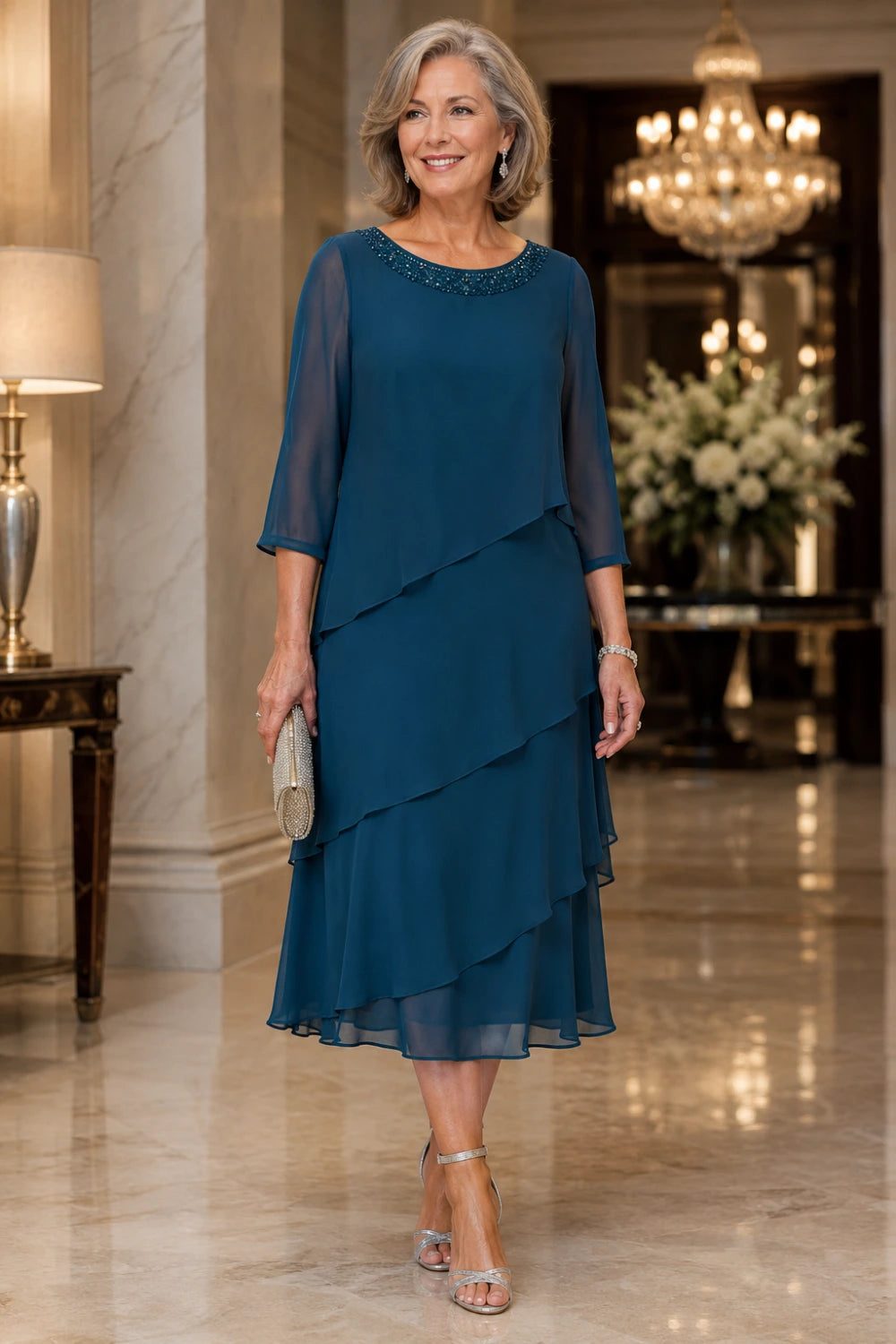 Tiered Chiffon Midi Formal Dress with Sheer Sleeves