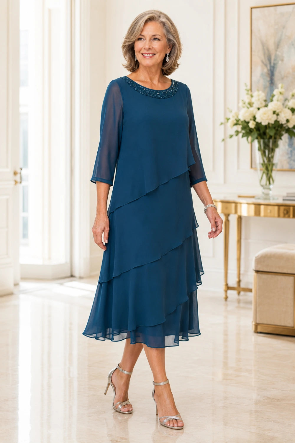 Tiered Chiffon Midi Formal Dress with Sheer Sleeves