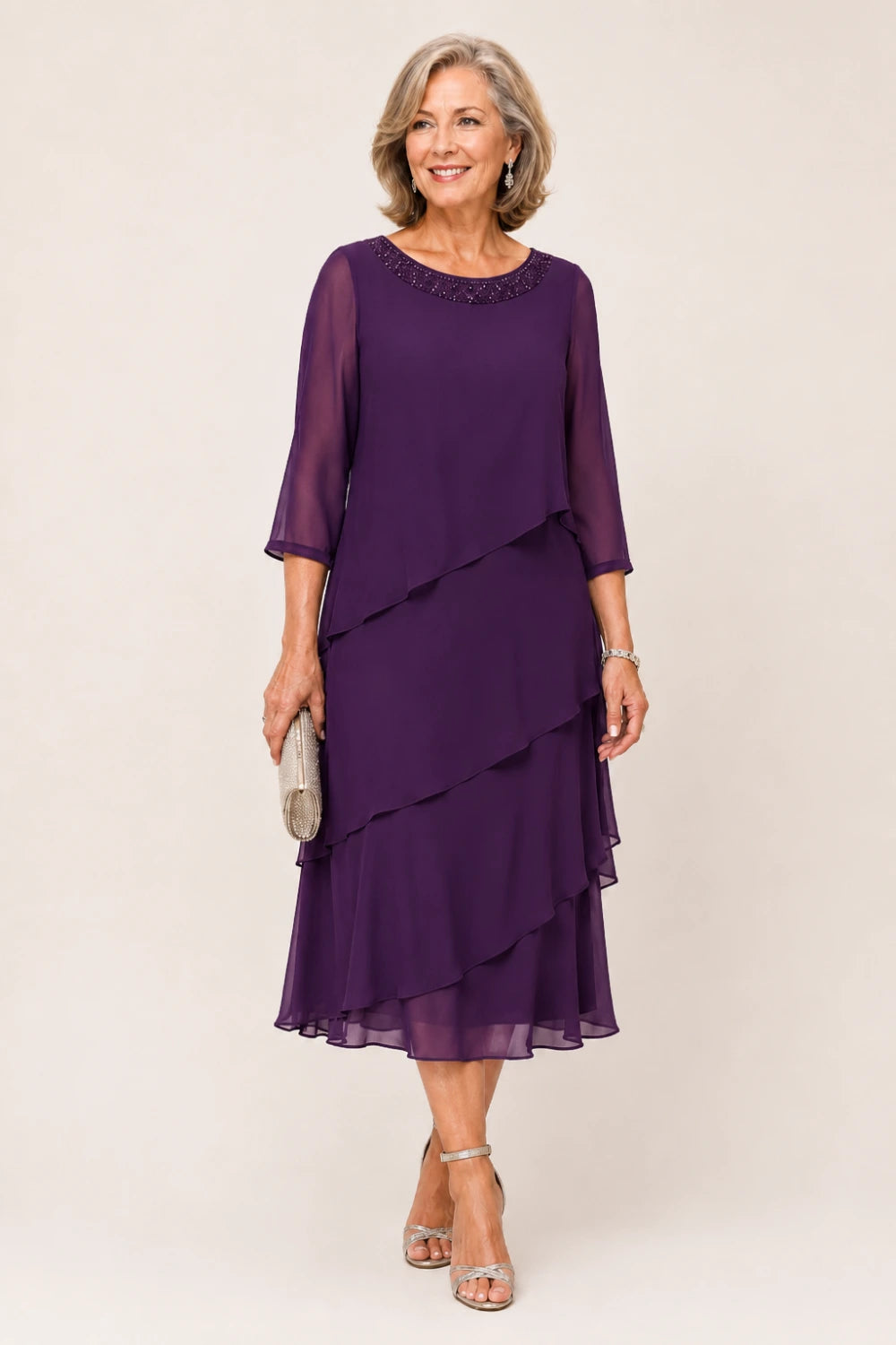 Tiered Chiffon Midi Formal Dress with Sheer Sleeves