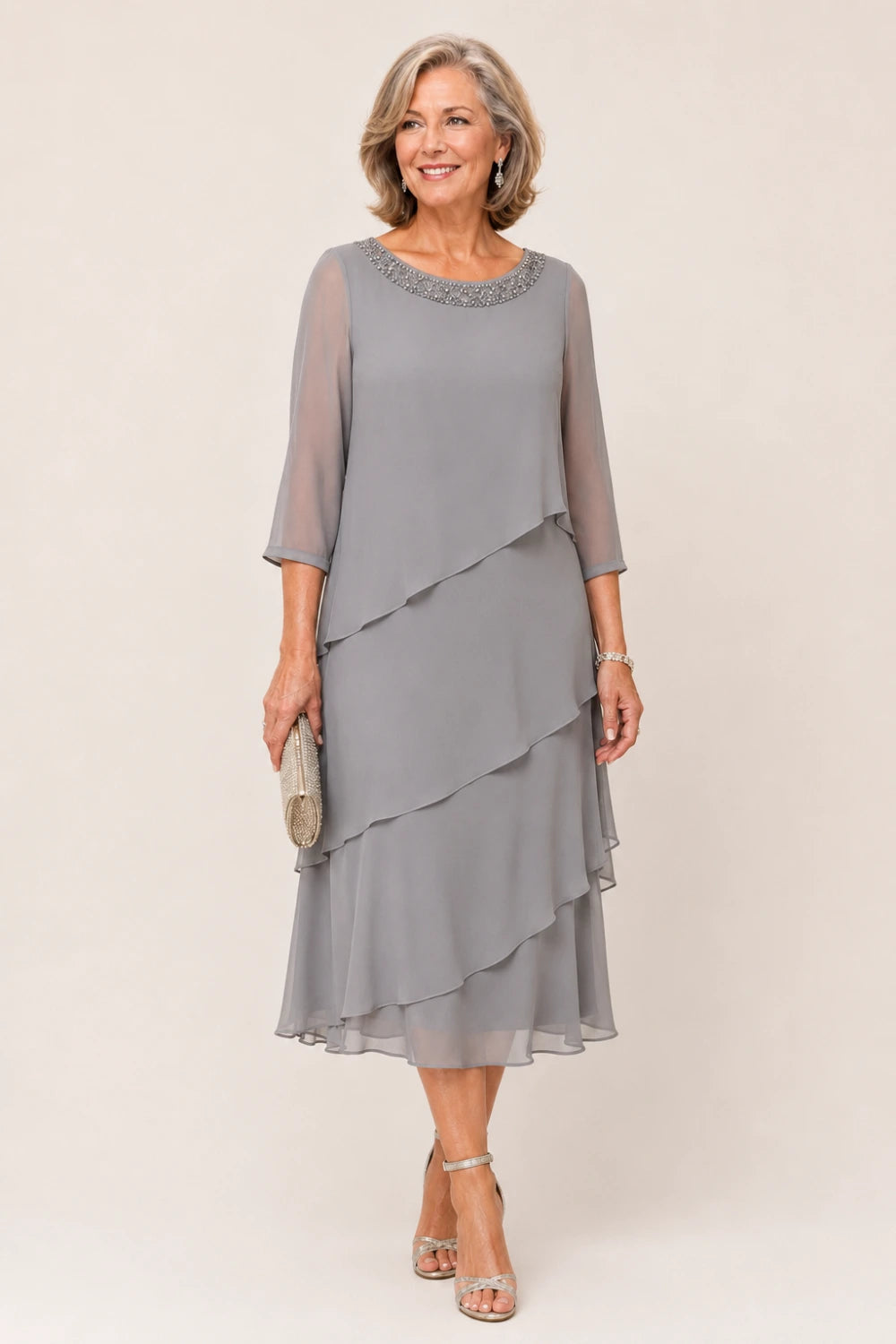 Tiered Chiffon Midi Formal Dress with Sheer Sleeves