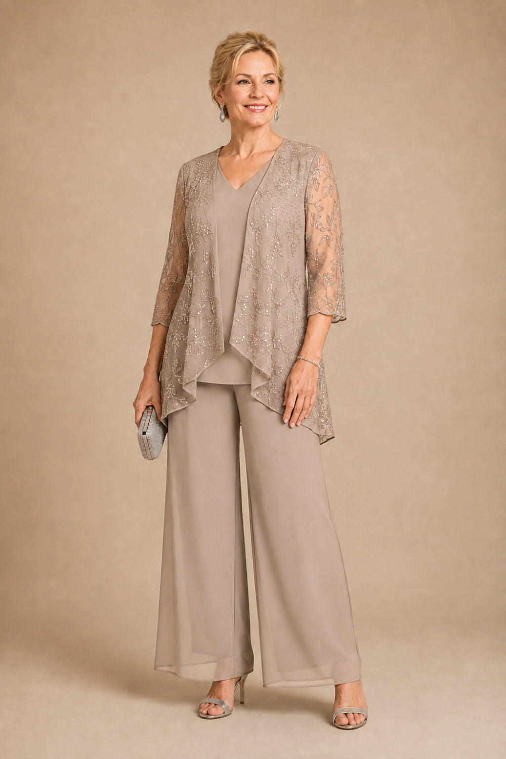 V-Neck Beaded Lace Three-Piece Pant Suit