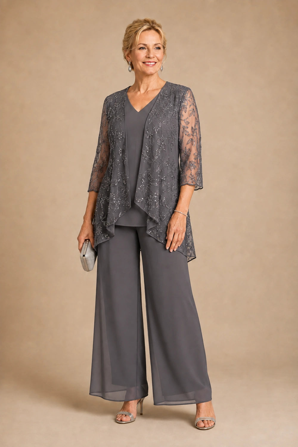 V-Neck Beaded Lace Three-Piece Pant Suit