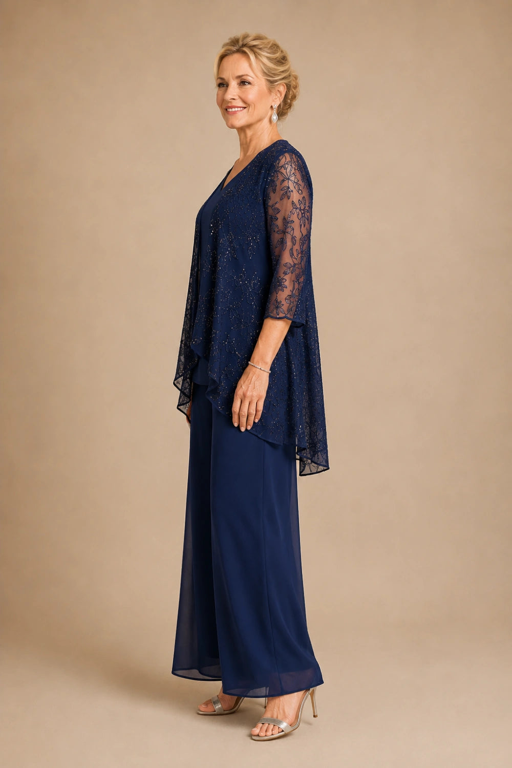 V-Neck Beaded Lace Three-Piece Pant Suit