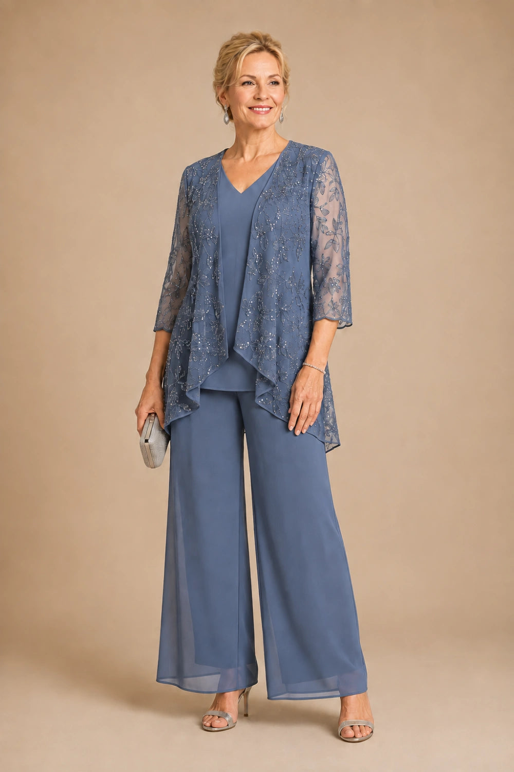 V-Neck Beaded Lace Three-Piece Pant Suit