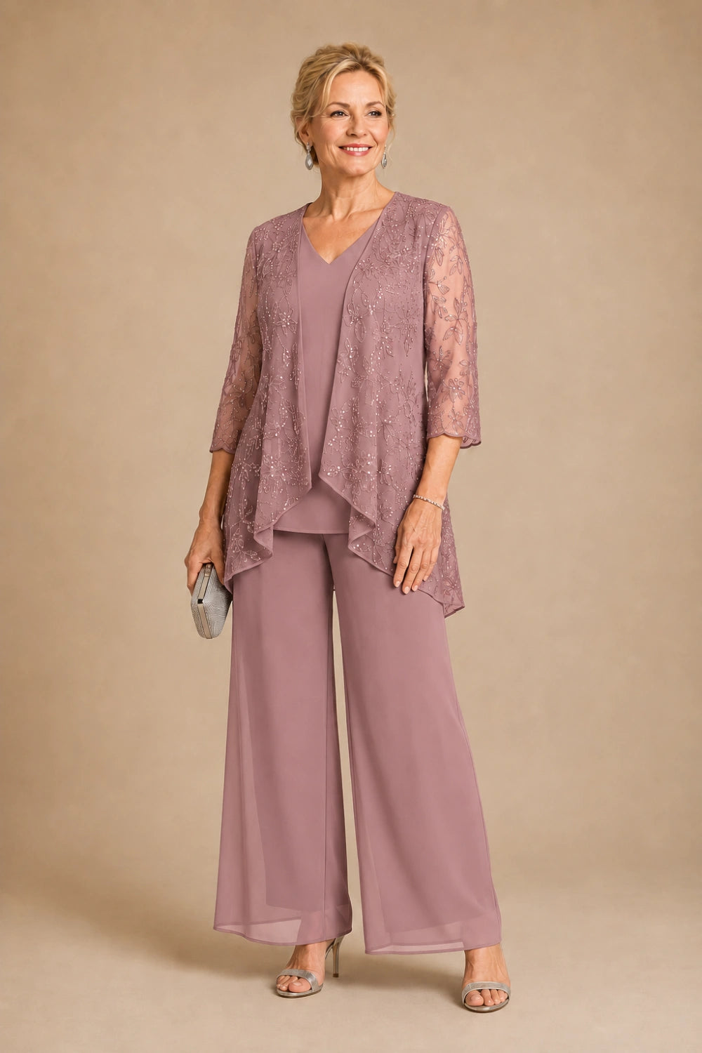 V-Neck Beaded Lace Three-Piece Pant Suit