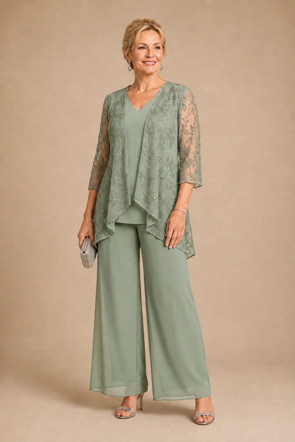 V-Neck Beaded Lace Three-Piece Pant Suit