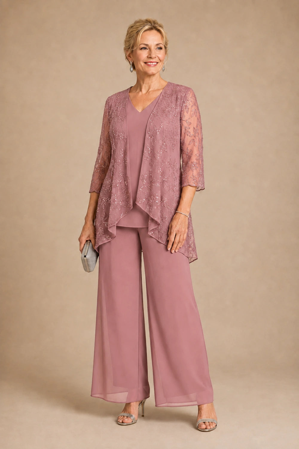 V-Neck Beaded Lace Three-Piece Pant Suit