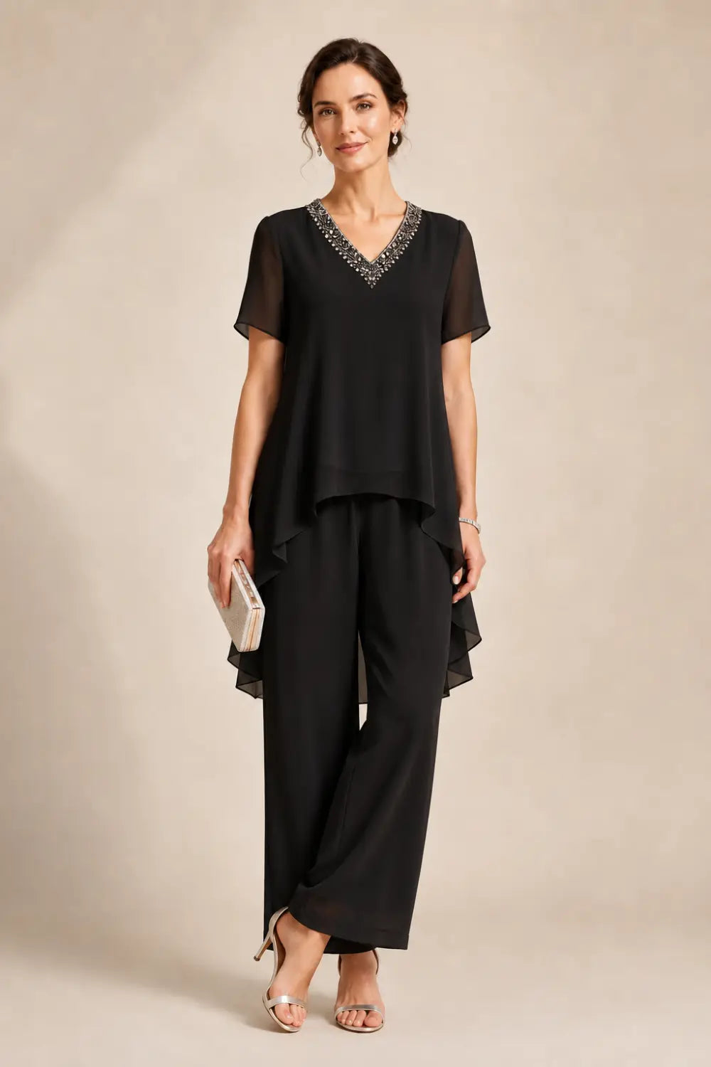 V-Neck Chiffon Asymmetric Capelet Pant Suit