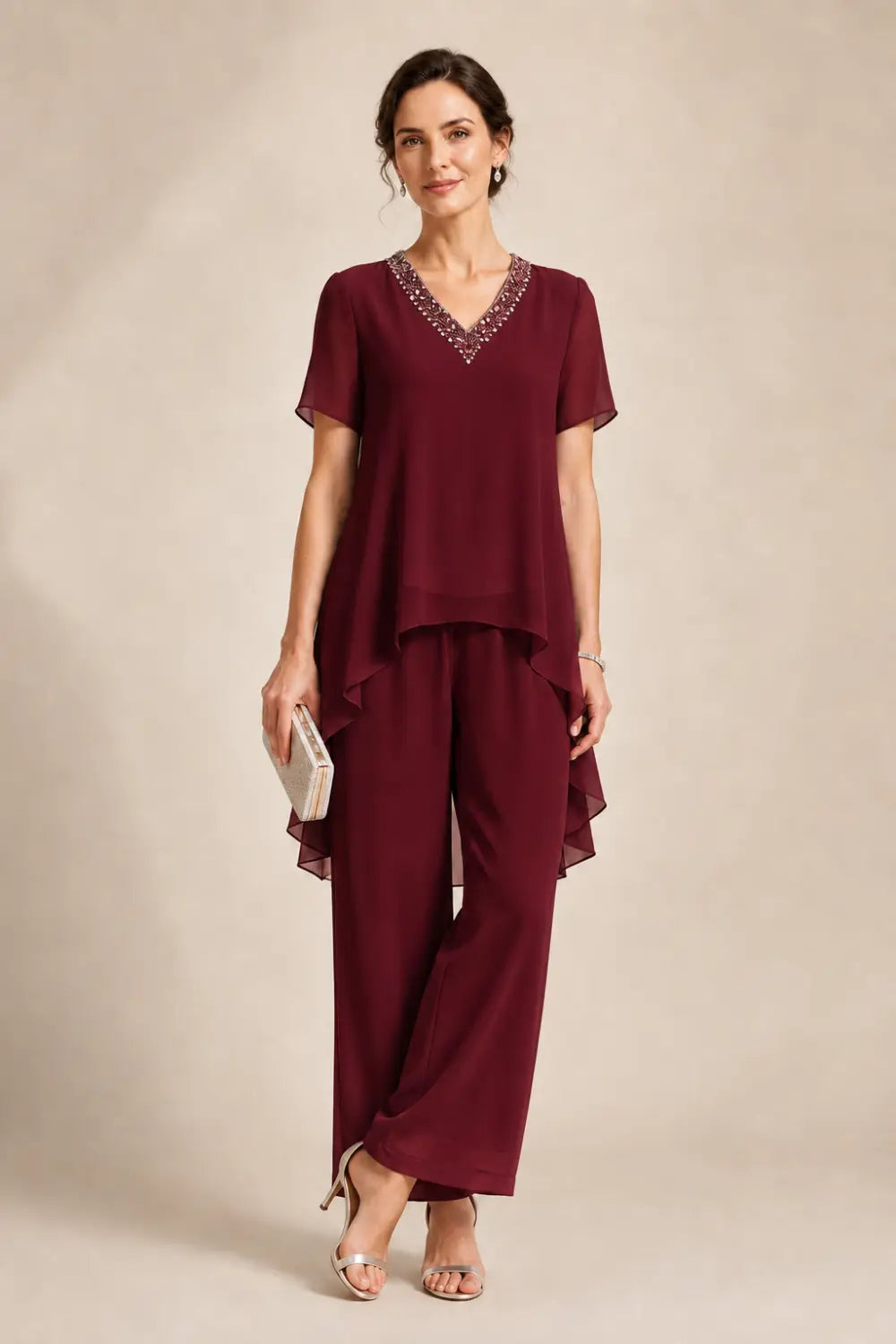 V-Neck Chiffon Asymmetric Capelet Pant Suit