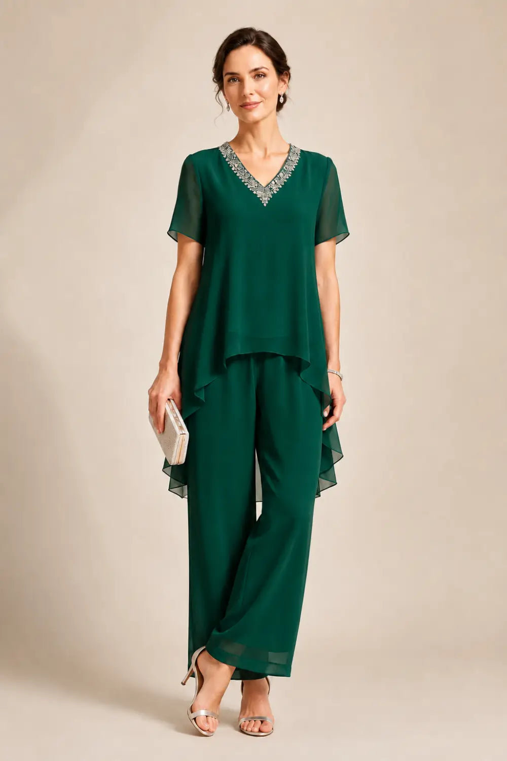 V-Neck Chiffon Asymmetric Capelet Pant Suit