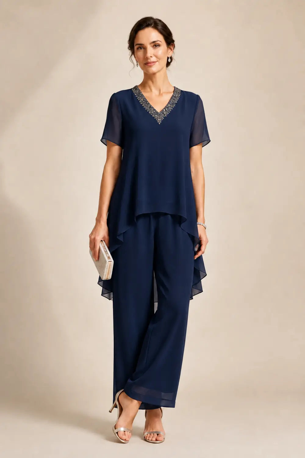 V-Neck Chiffon Asymmetric Capelet Pant Suit