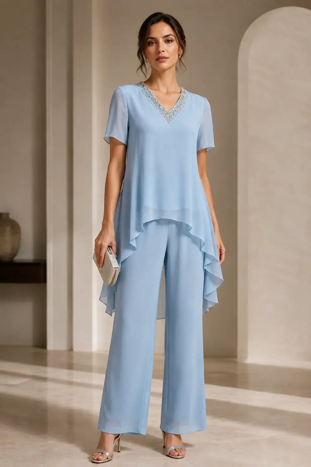 V-Neck Chiffon Asymmetric Capelet Pant Suit