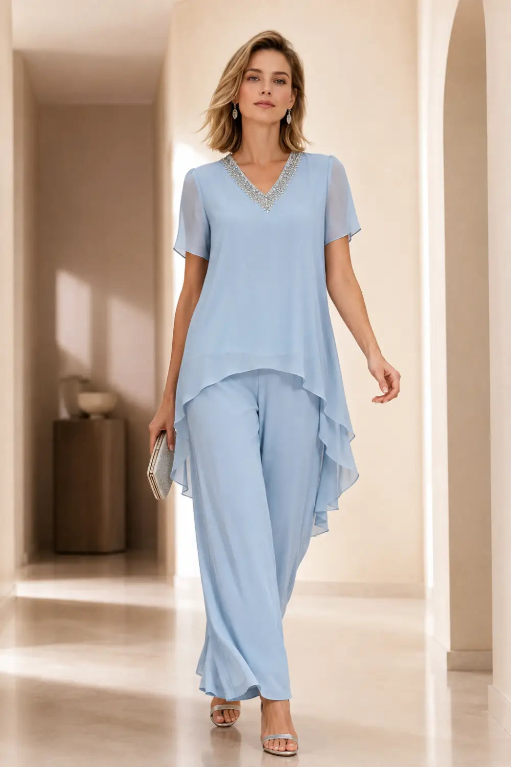 V-Neck Chiffon Asymmetric Capelet Pant Suit