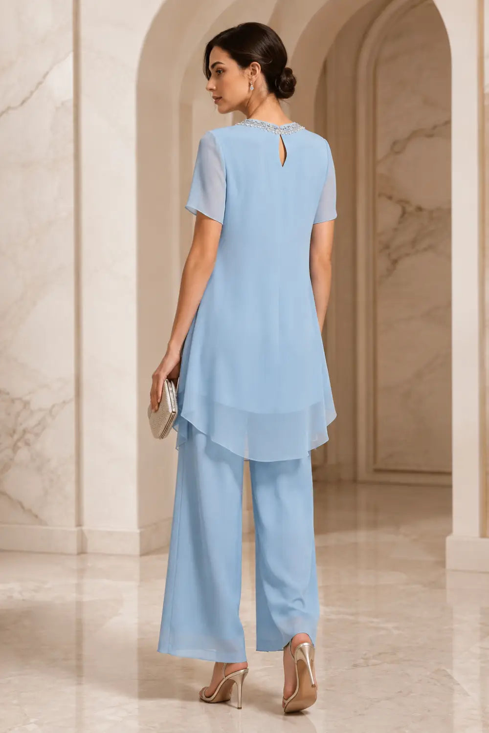 V-Neck Chiffon Asymmetric Capelet Pant Suit