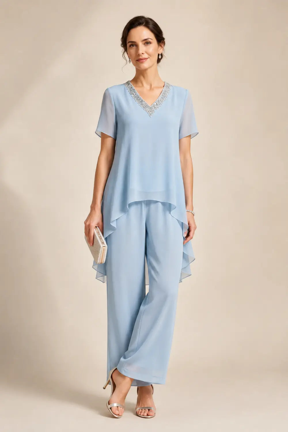 V-Neck Chiffon Asymmetric Capelet Pant Suit