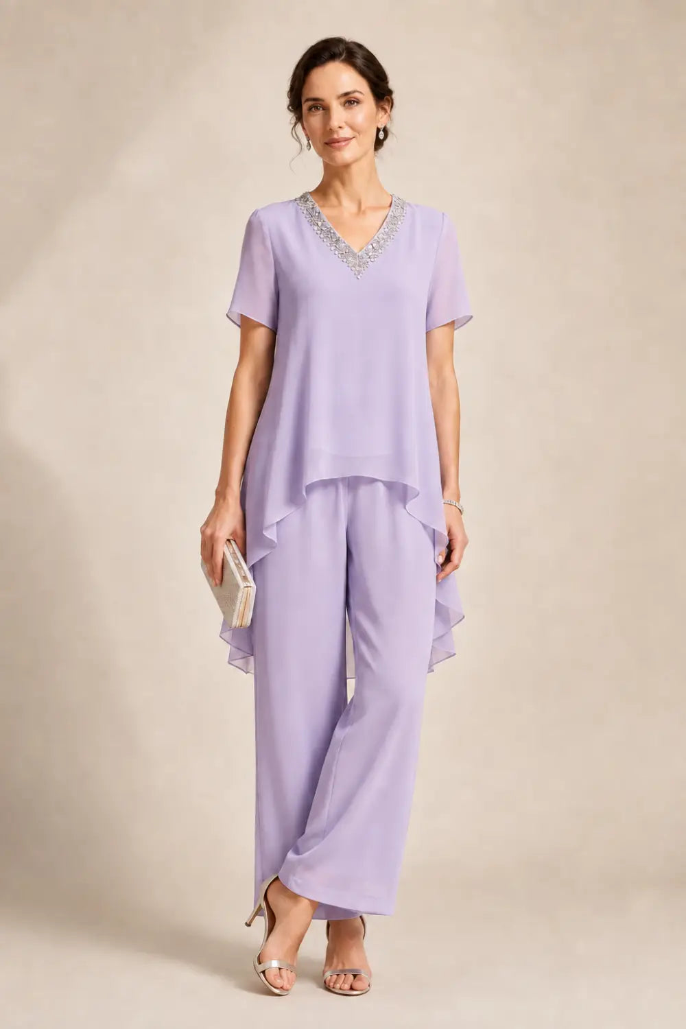 V-Neck Chiffon Asymmetric Capelet Pant Suit