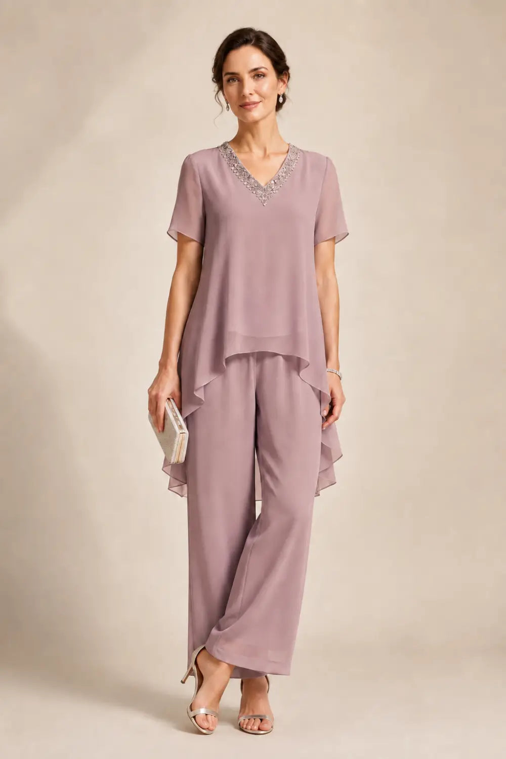 V-Neck Chiffon Asymmetric Capelet Pant Suit