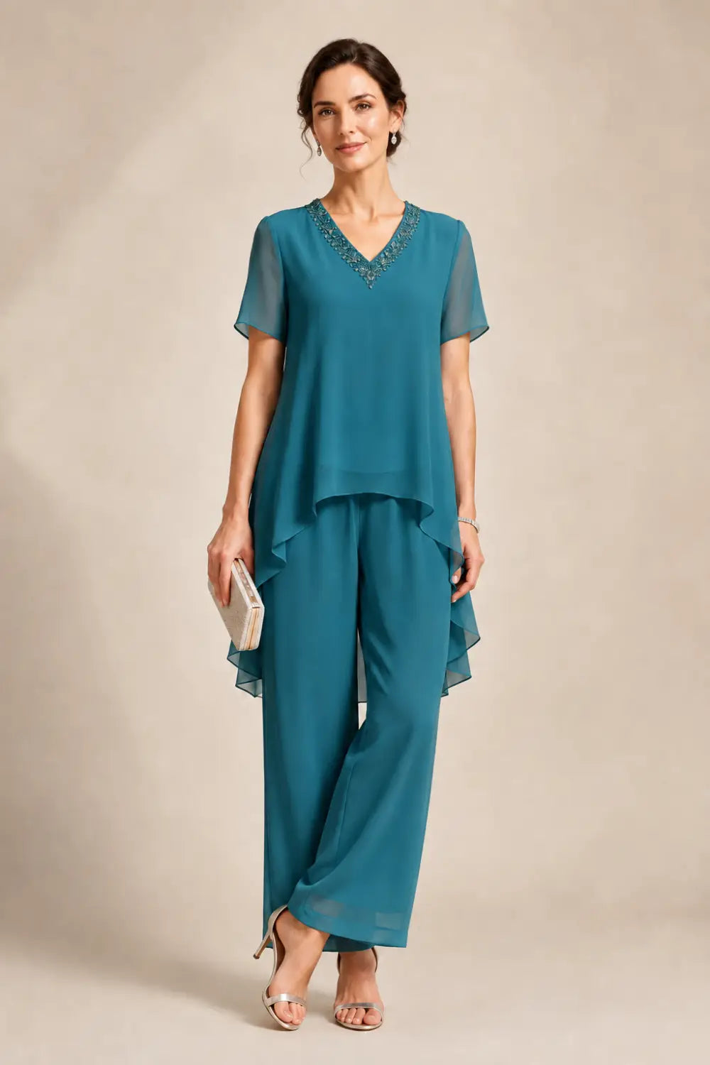 V-Neck Chiffon Asymmetric Capelet Pant Suit