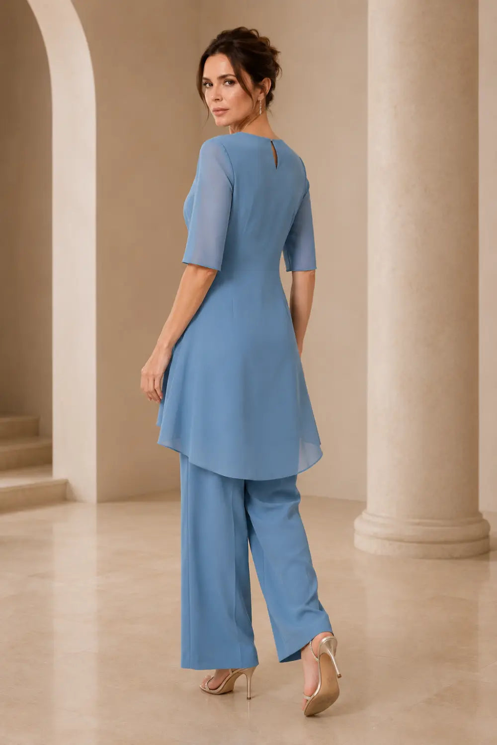 V-Neck Chiffon High-Low Pant Suit with Wide-Leg Pants