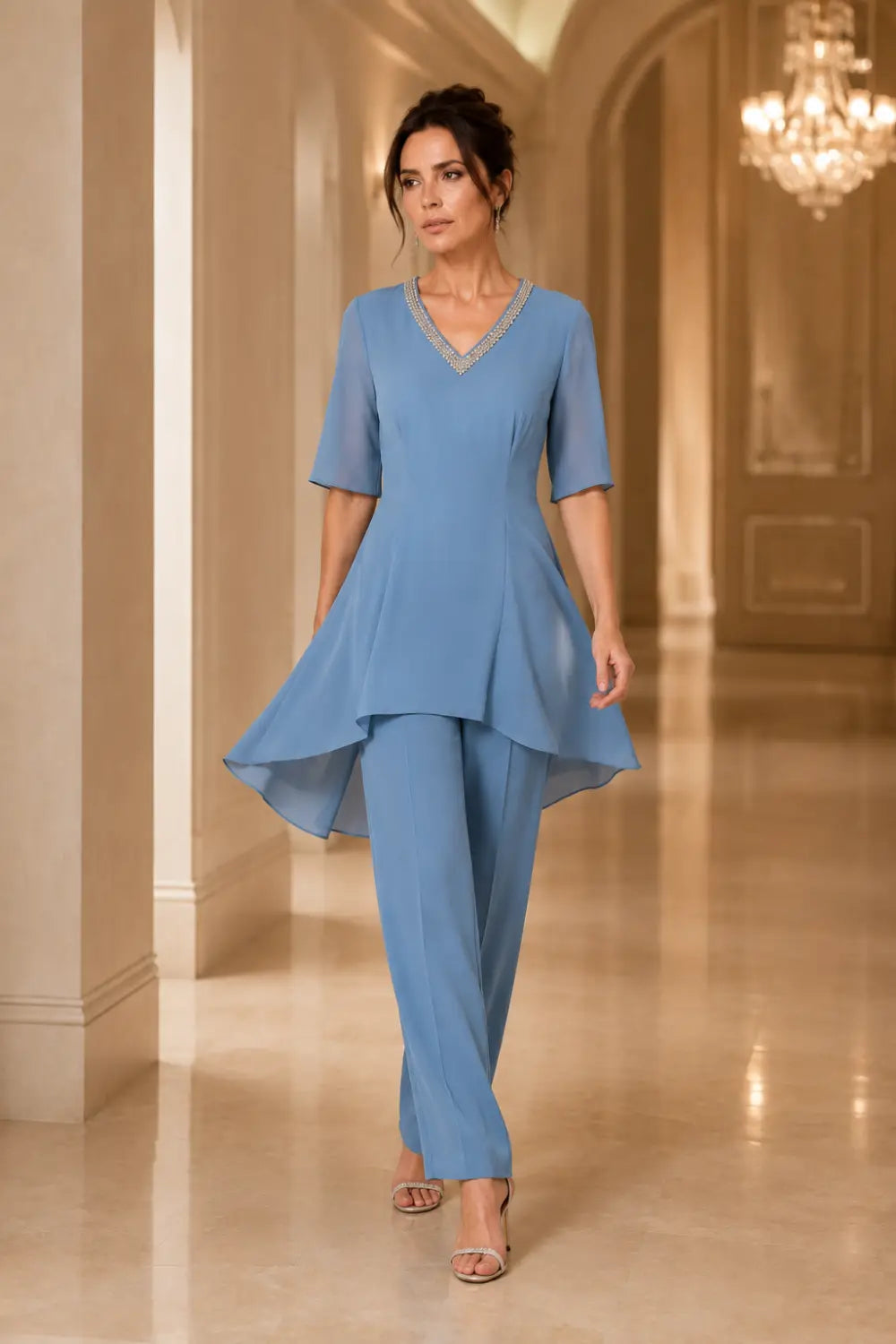 V-Neck Chiffon High-Low Pant Suit with Wide-Leg Pants