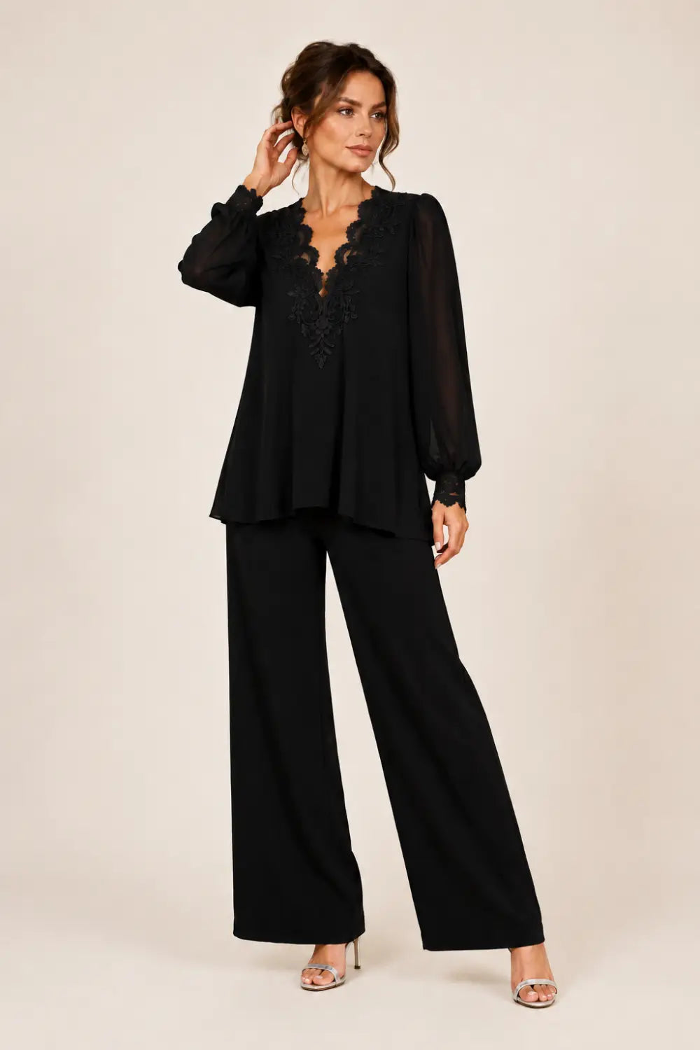 V-Neck Layered Chiffon Pant Suit with Wide-Leg Pants