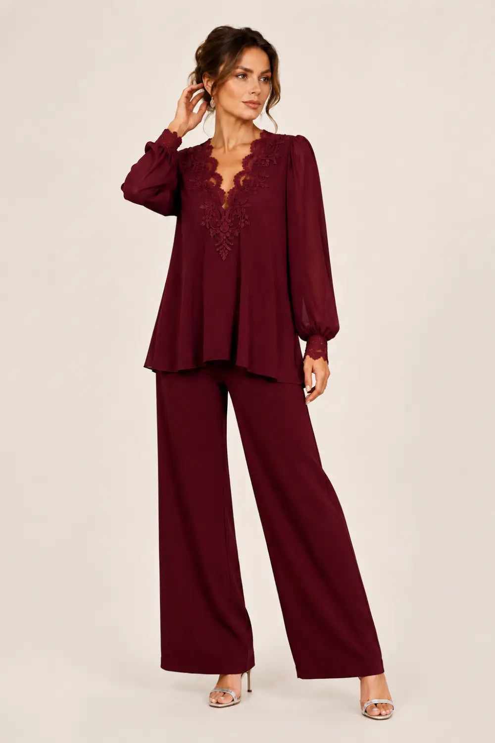 V-Neck Layered Chiffon Pant Suit with Wide-Leg Pants