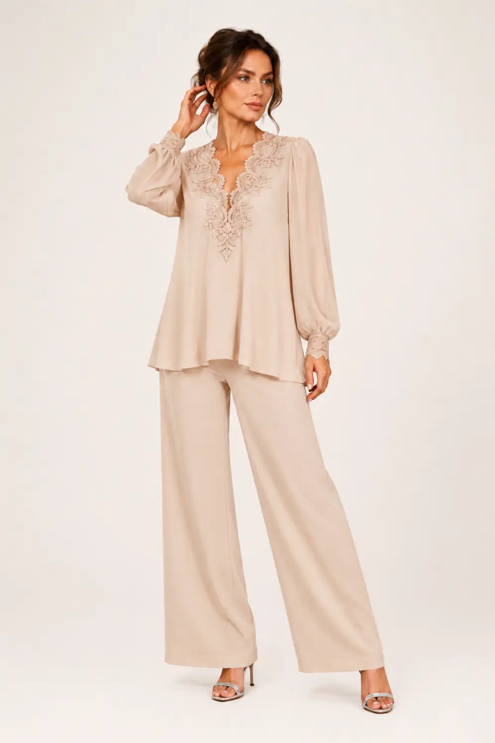 V-Neck Layered Chiffon Pant Suit with Wide-Leg Pants