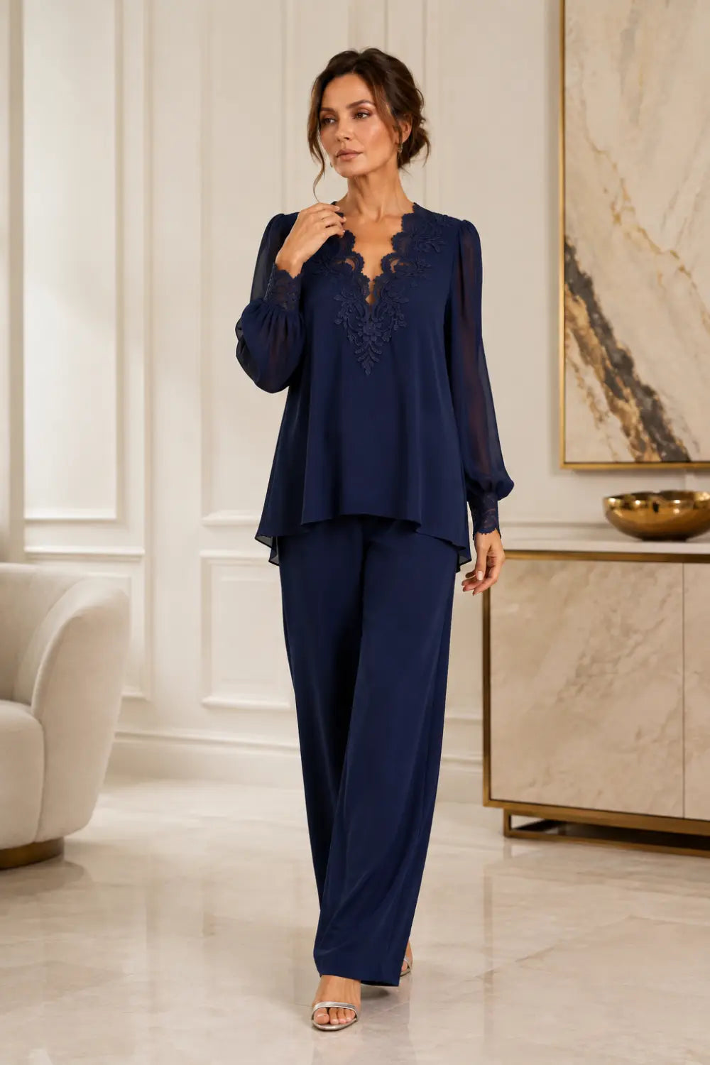 V-Neck Layered Chiffon Pant Suit with Wide-Leg Pants