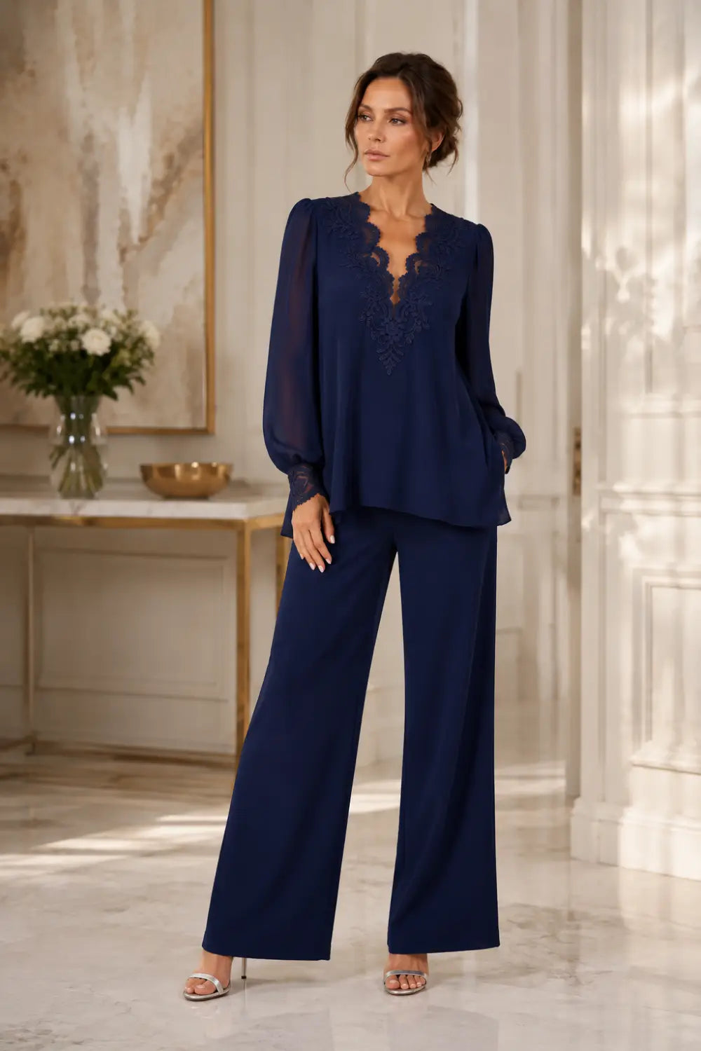 V-Neck Layered Chiffon Pant Suit with Wide-Leg Pants