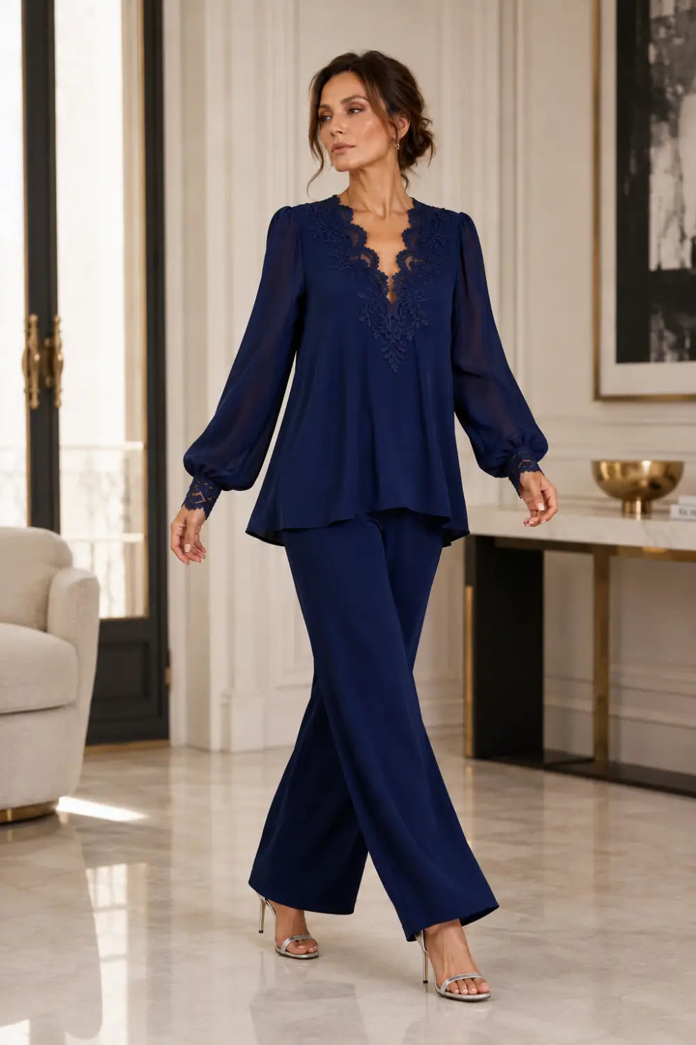 V-Neck Layered Chiffon Pant Suit with Wide-Leg Pants