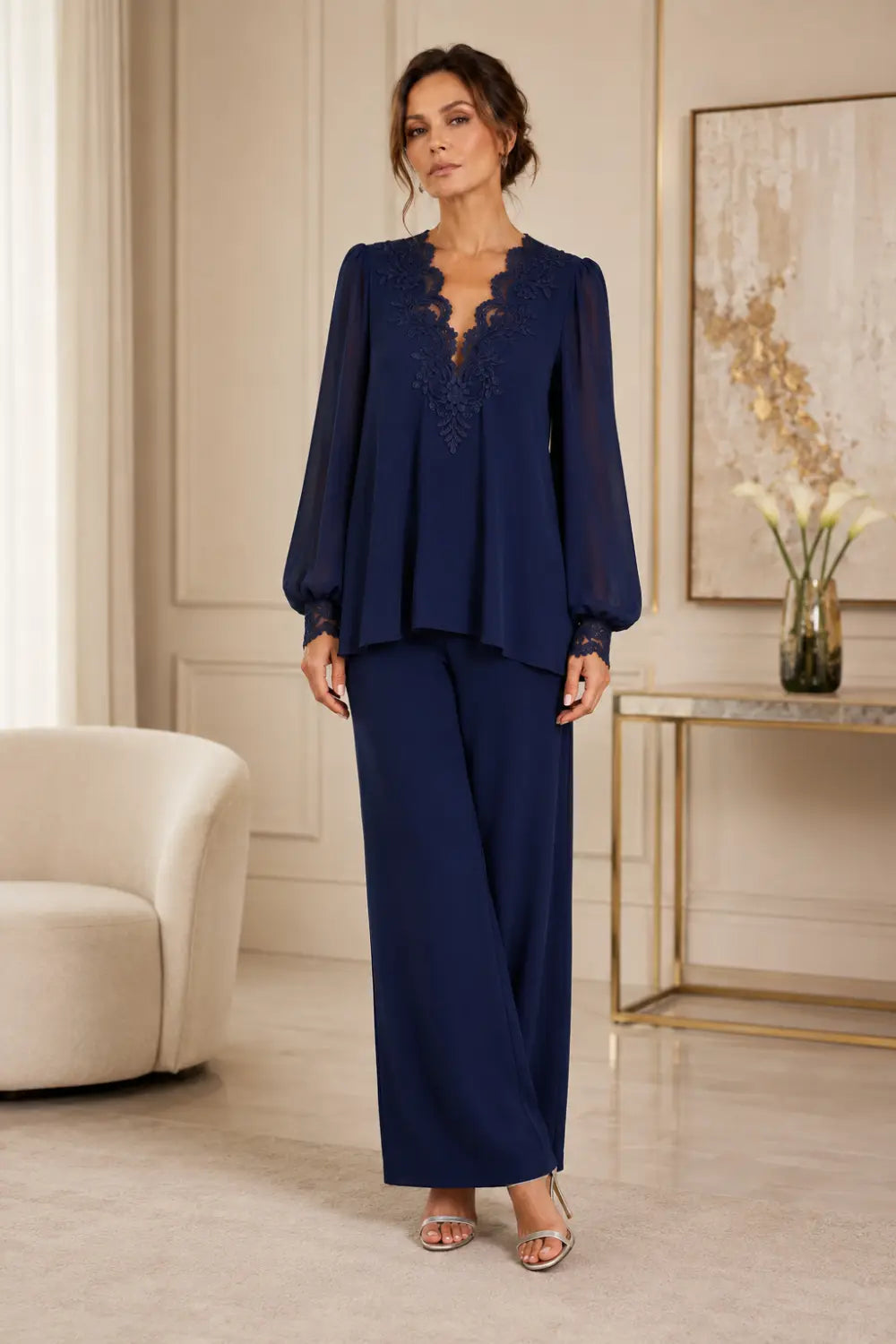 V-Neck Layered Chiffon Pant Suit with Wide-Leg Pants