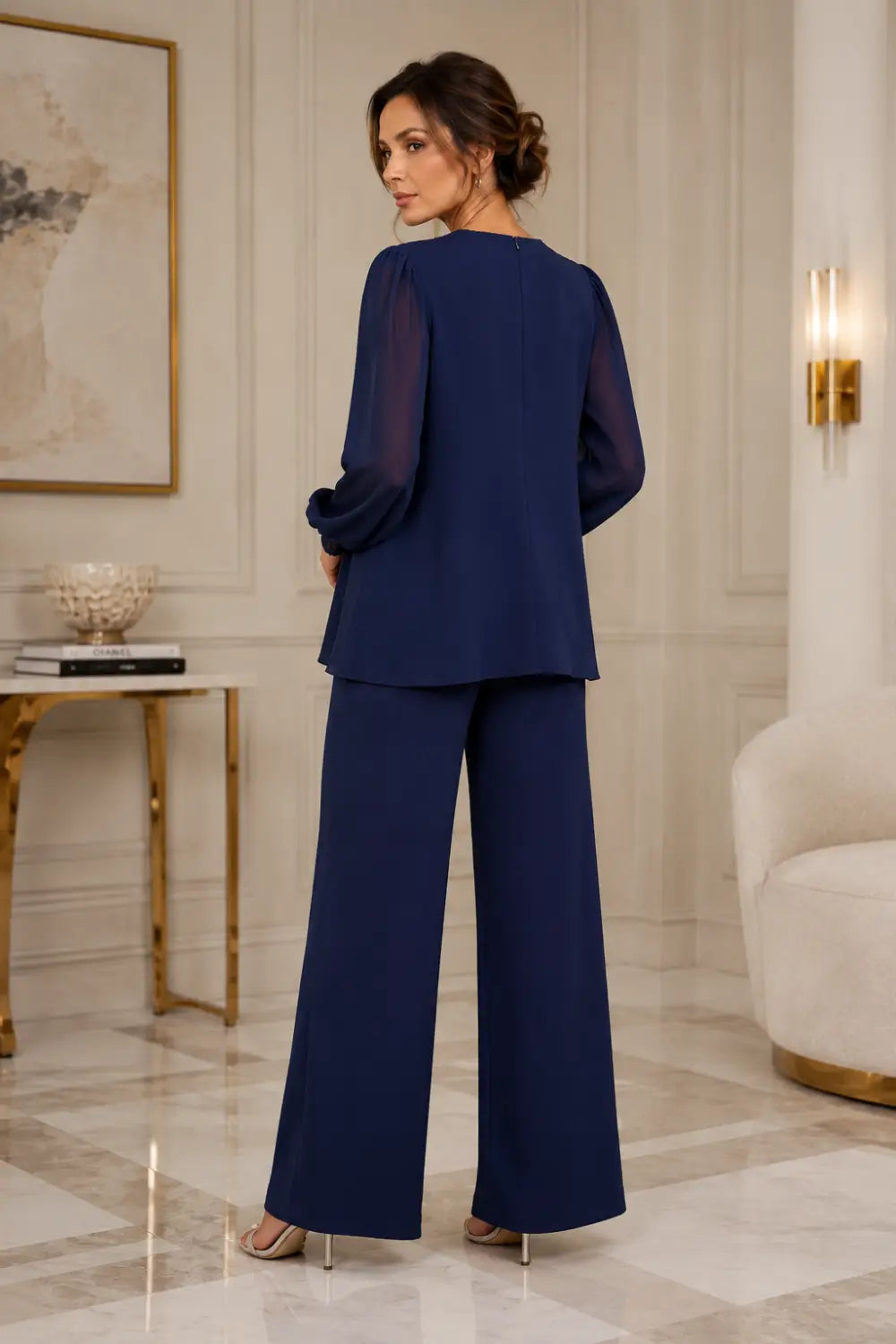 V-Neck Layered Chiffon Pant Suit with Wide-Leg Pants