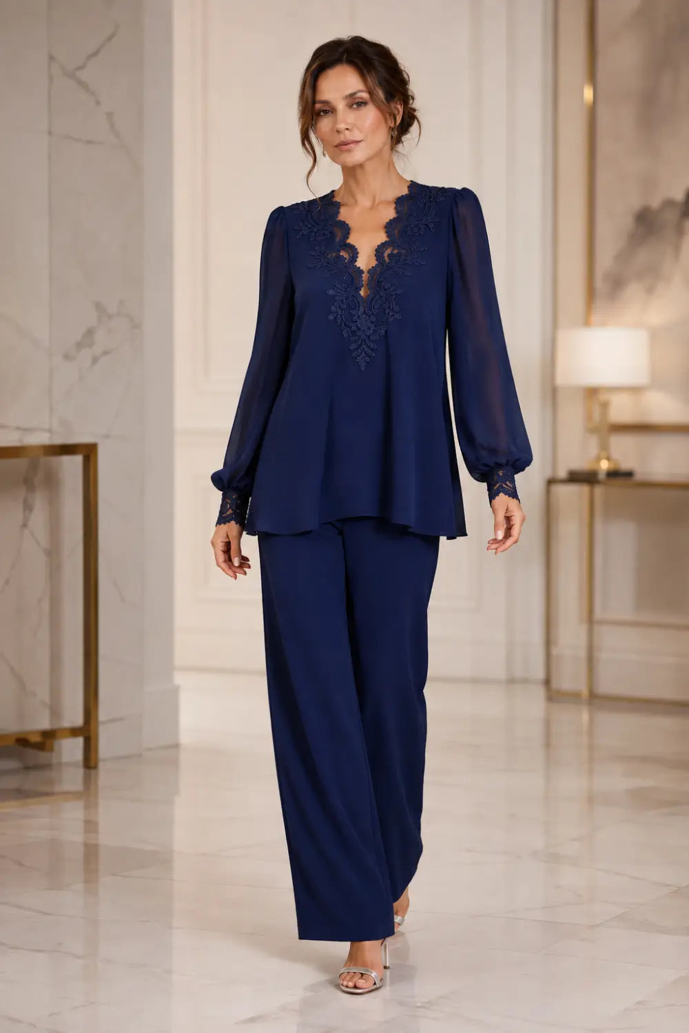 V-Neck Layered Chiffon Pant Suit with Wide-Leg Pants