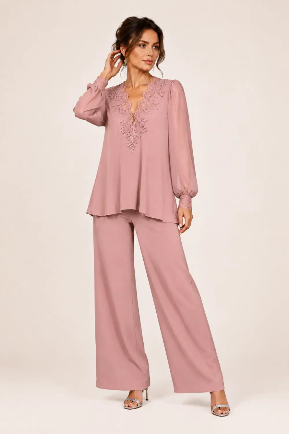 V-Neck Layered Chiffon Pant Suit with Wide-Leg Pants