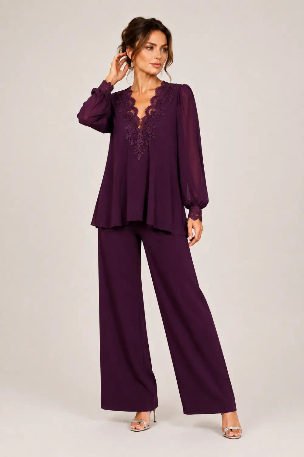 V-Neck Layered Chiffon Pant Suit with Wide-Leg Pants