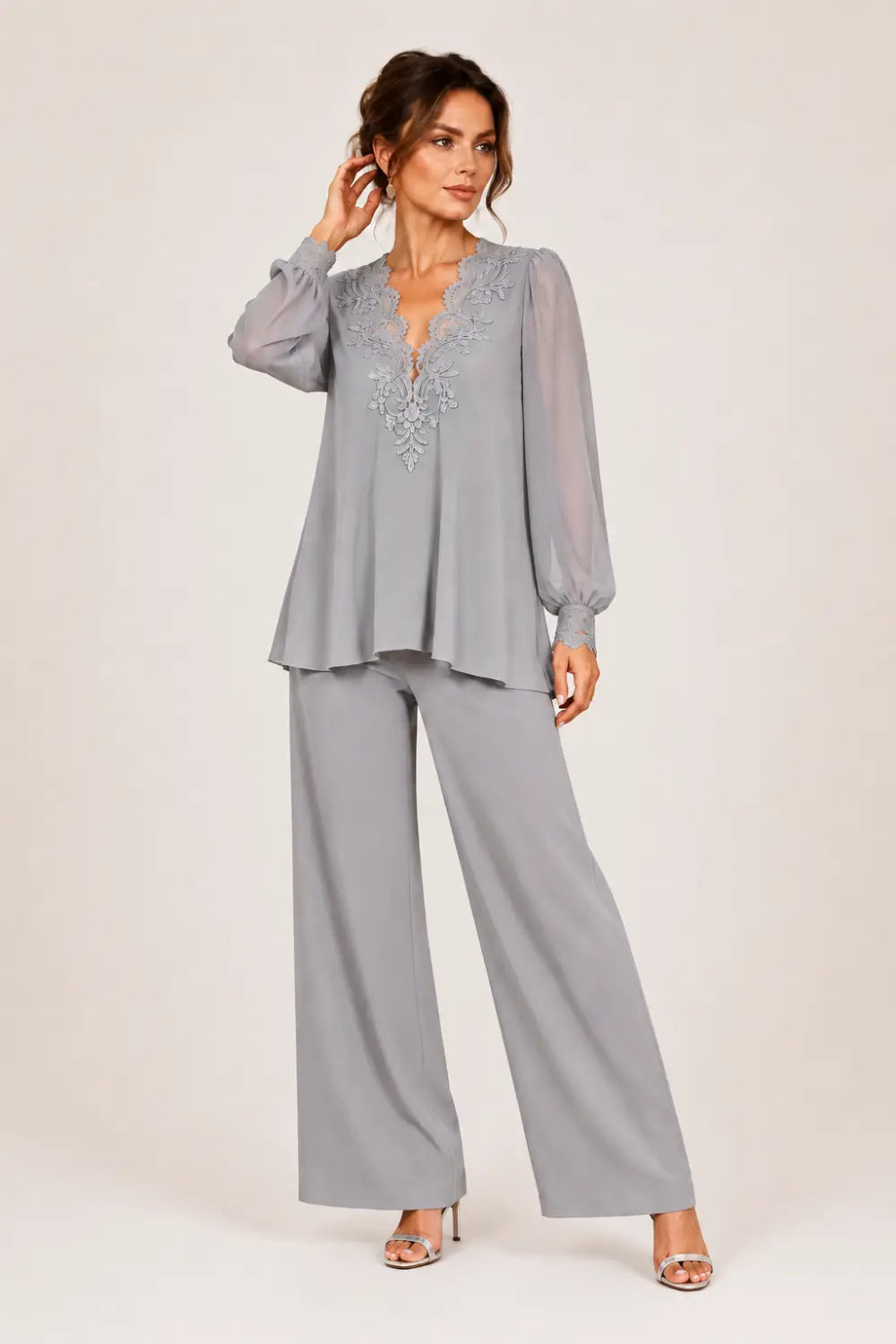 V-Neck Layered Chiffon Pant Suit with Wide-Leg Pants
