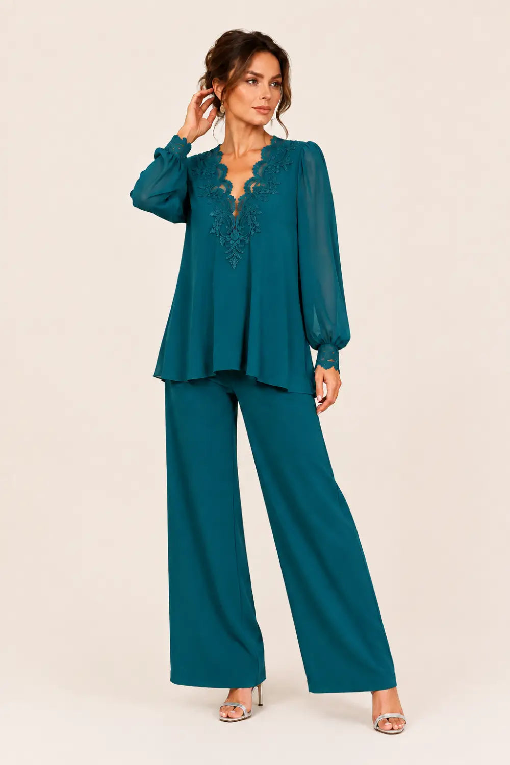 V-Neck Layered Chiffon Pant Suit with Wide-Leg Pants